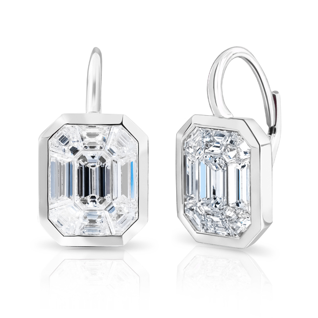 Rahaminov Emerald Cushion Cut Dangle Diamond Earrings in 18k White Gold
