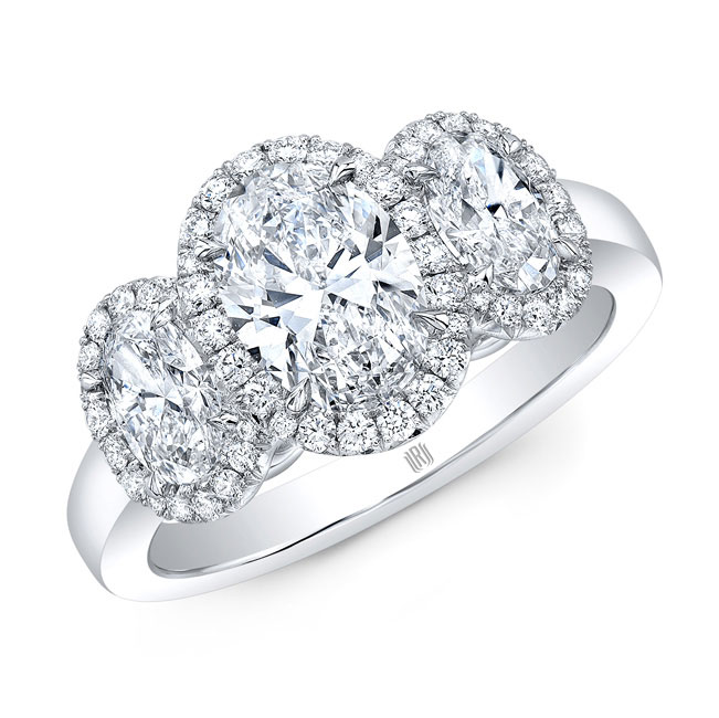 Three Stone Diamond Halo Engagement Rings set in 18k White Gold by Rahaminov