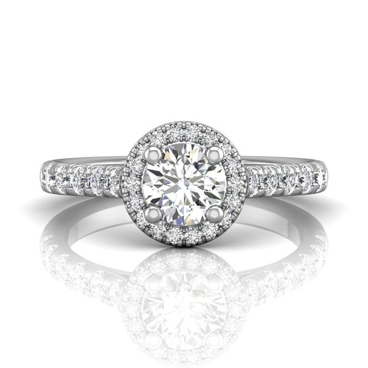 Martin Flyer Cutdown Halo Engagement Ring - 14k  white gold, 4 prong center stone setting, micropave set diamonds in halo and shanks.